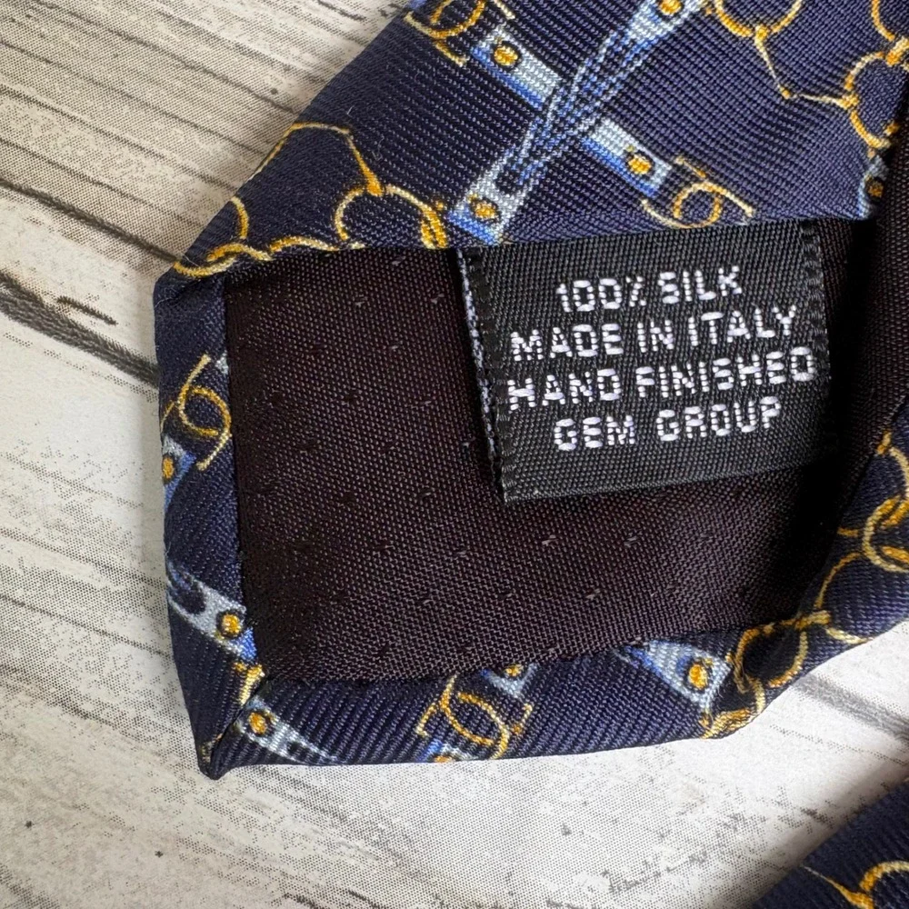 VTG Paolo Designed by Paolo Gucci Silk Tie OS Navy Bluer Equestrian Chain Italy